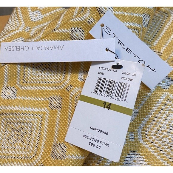 Amanda Chelsea Womens SZ 14 A-Line Skirt NWT Yellow Chevron Brocade Career Zips - Picture 7 of 11